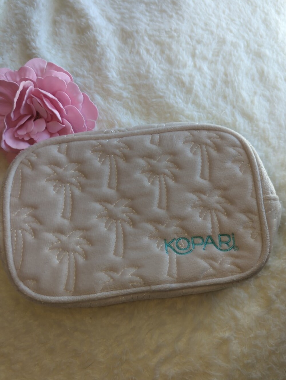 Kopari Quilted Palm Print Cosmetic Pouch - Cream with Turquoise Logo